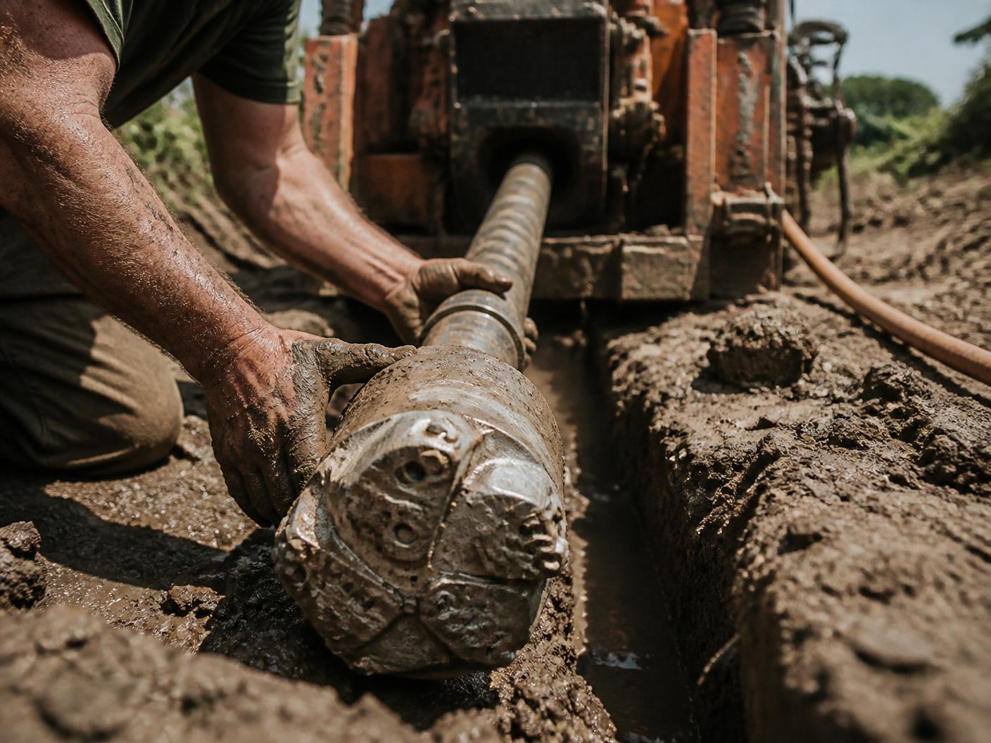 Muddy hands guiding an HDD drill head at the bore entry