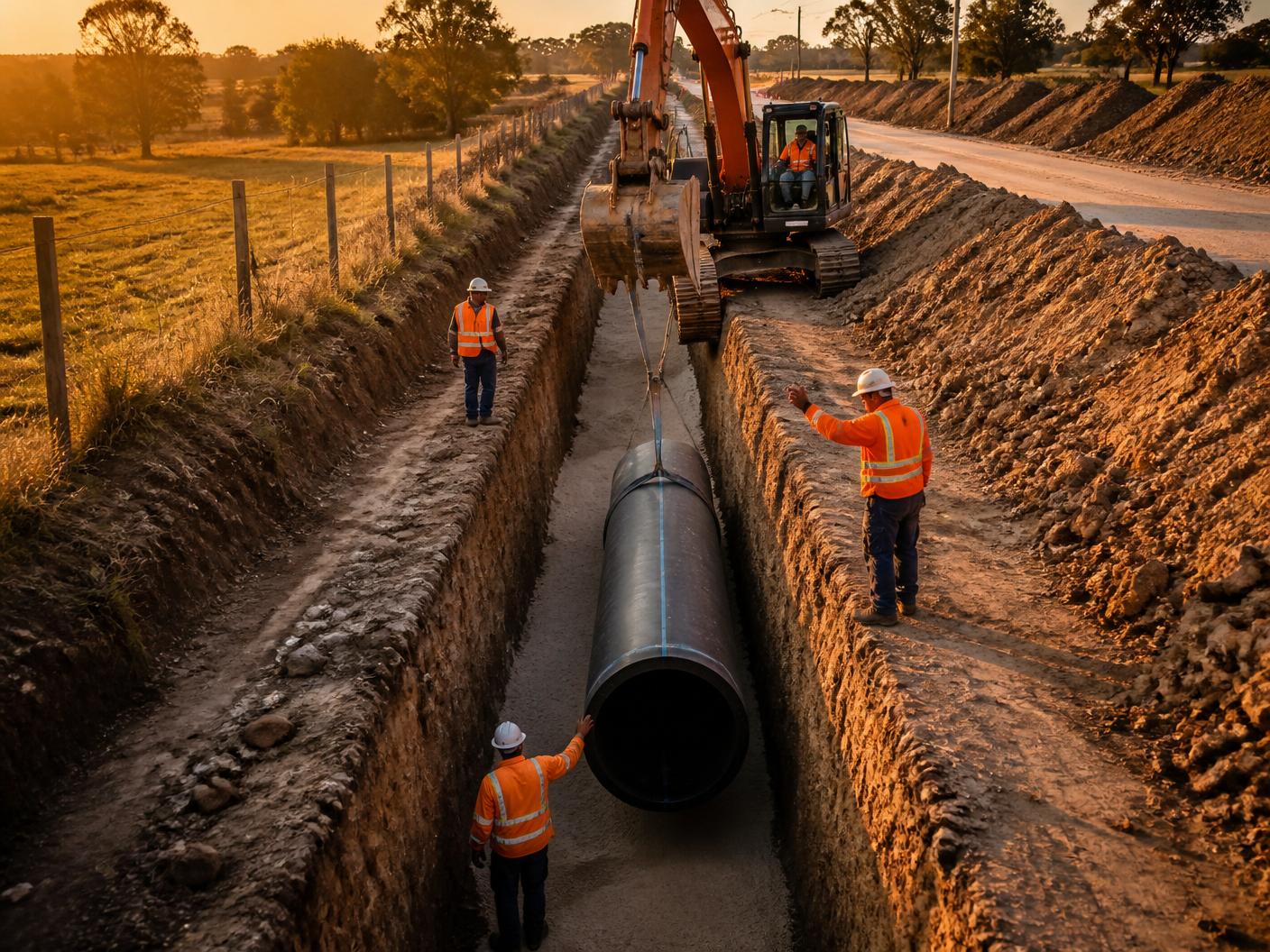 Large-diameter HDPE pipe being lowered into an open utility trench at golden hour