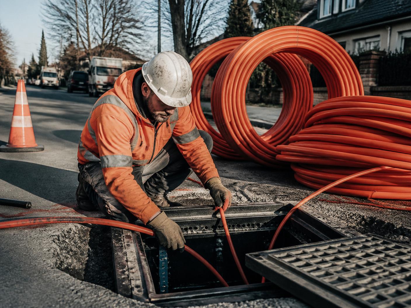 Crew pulling fiber conduit into a new vault set into a residential street cut